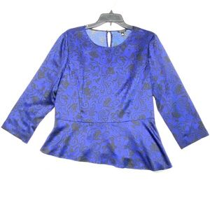 Ann Taylor Peplum Blouse Women's 10 Blue/Black Damask Curved Hem Side Zip Top